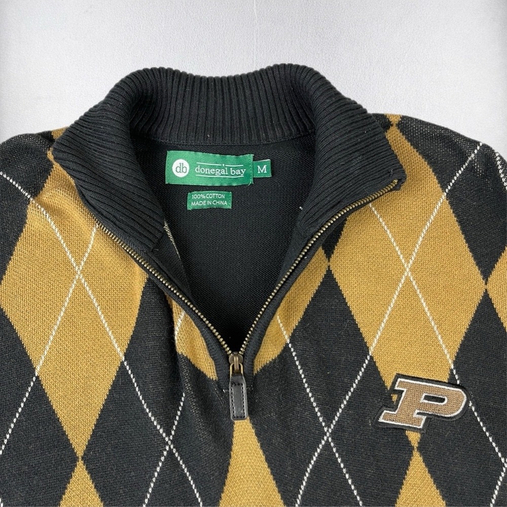 Purdue Boilermakers 1/4 Zip Sweater Mens Medium Black Gold Argyle Donegal Bay